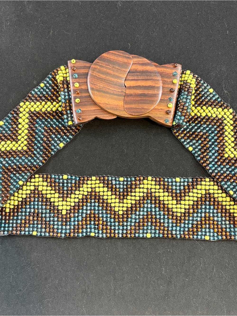Beaded Women’s Belt with Wooden Buckle - Yellow & Brown